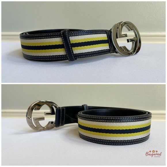 Authentic GUCCI Web Canvas Leather Gold Interlocking G Buckle Belt 85/34 - Picture 9 of 13